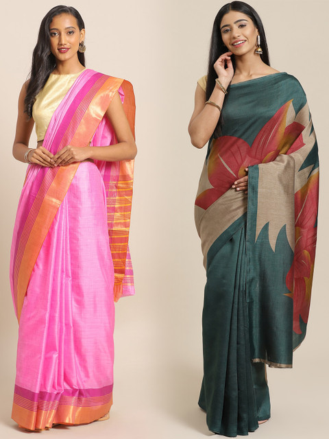 

KALINI Pink & Green Art Silk Set of 2 Mysore Silk Saree