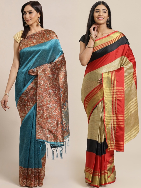 

KALINI Pack of 2 Teal Blue & Rust Art Silk Sarees