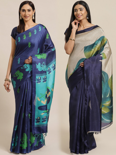 

KALINI Navy Blue & Beige Art Silk Set of 2 Saree