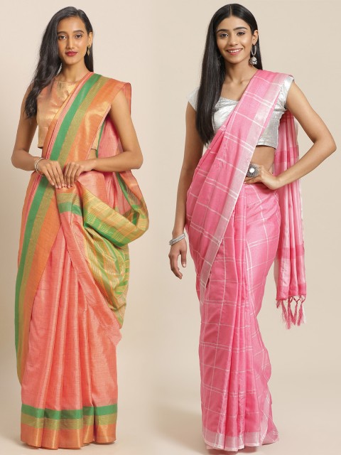 

KALINI Pack of 2 Coral & Green Mysore Silk Sarees