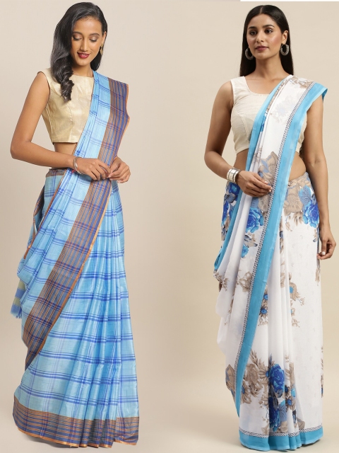 

KALINI Blue & White Art Silk Set of 2 Mysore Silk Saree