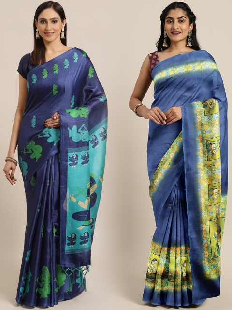 

KALINI Pack of 2 Navy Blue Kalamkari Printed Art Silk Saree