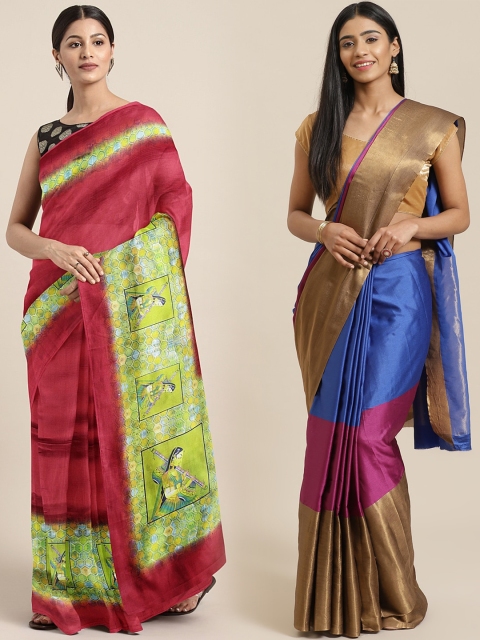 

KALINI Pack of 2 Red & Olive Green Khadi Art Silk Sarees