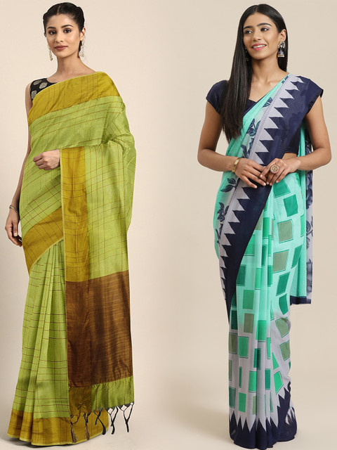 

KALINI Lime Green & Sea Green Art Silk Set of 2 Saree