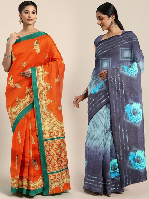 

KALINI Pack of 2 Blue & Orange Printed Art Silk Saree