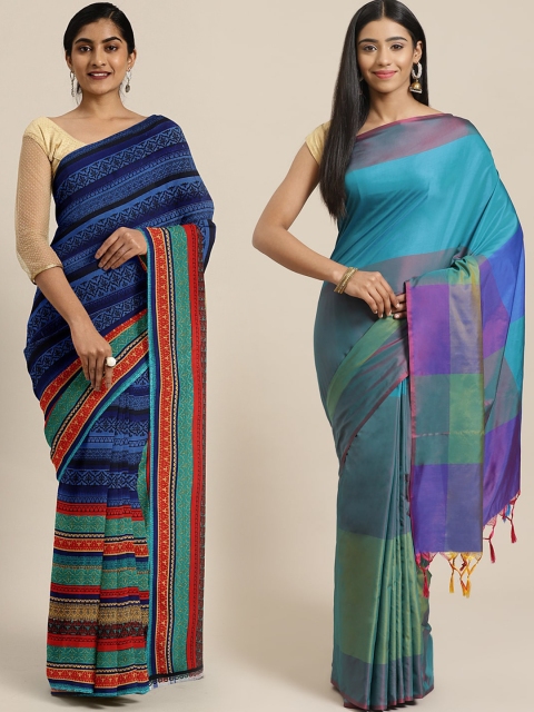 

KALINI Pack of 2 Blue & Multicoloured Printed Pure Georgette Saree