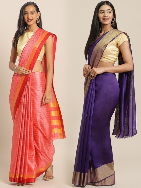 

KALINI Pack Of 2 Art Silk Checked Sarees, Purple