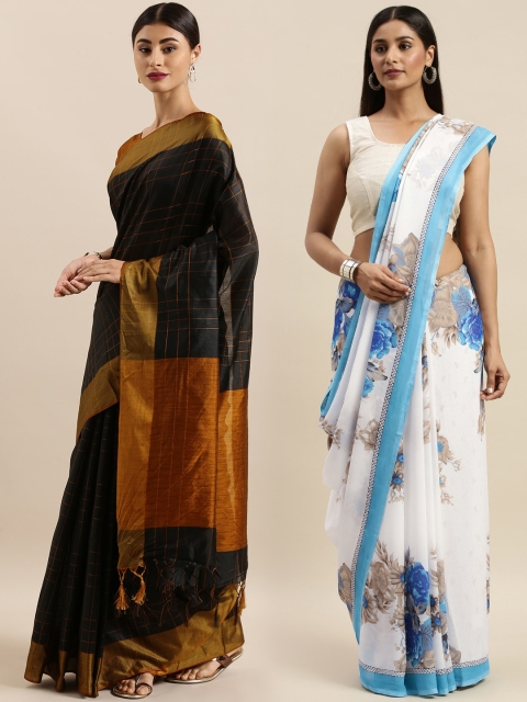 

KALINI Black & White Art Silk Set of 2 Tussar Saree