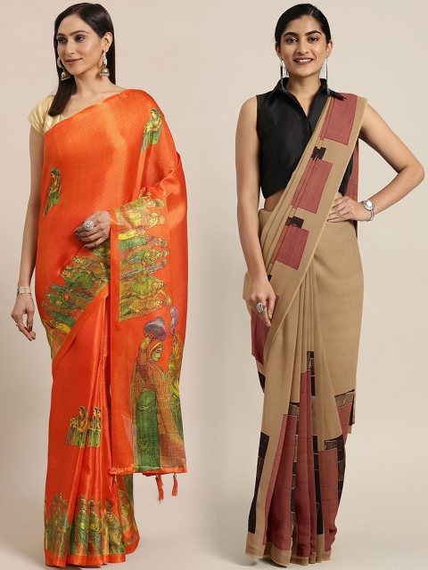 

KALINI Pack of 2 Orange & Green Art Silk Sarees