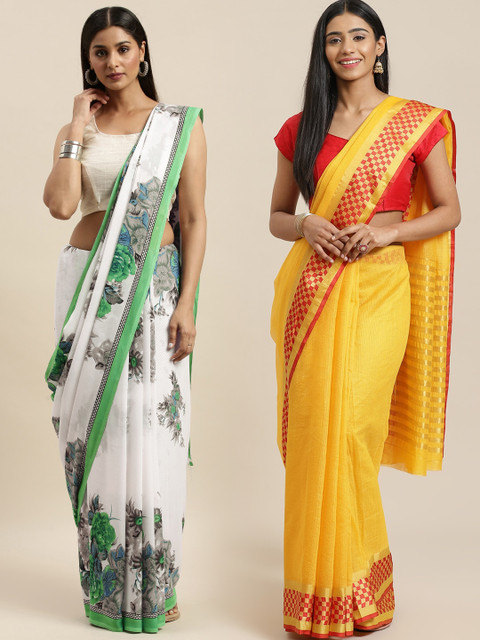

KALINI Pack of 2 Yellow & White Printed Pure Georgette Saree