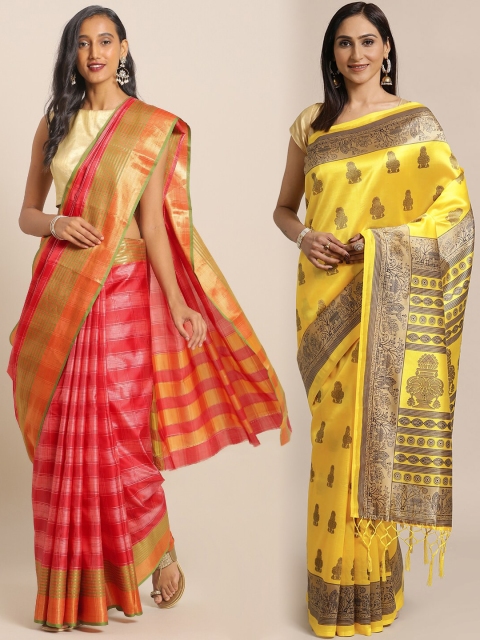 

KALINI Pack of 2 Red & Yellow Printed Art Silk Saree