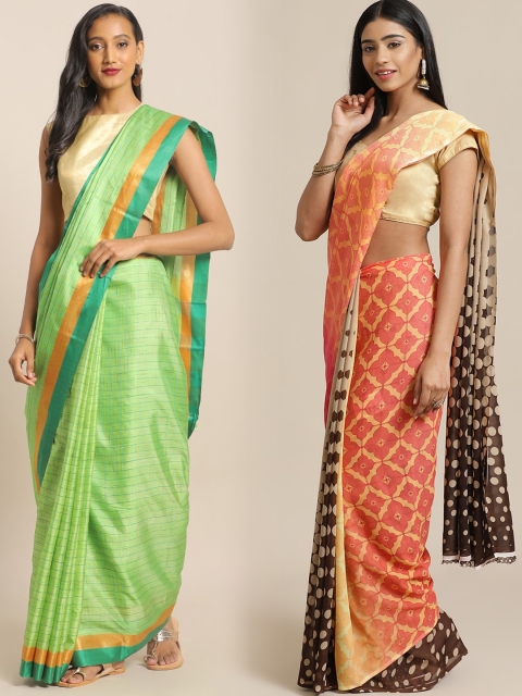 

KALINI Pack of 2 Peach-Coloured & Lime Green Printed Art Silk Saree