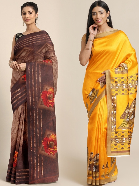 

KALINI Pack Of 2 Printed Sarees, Brown