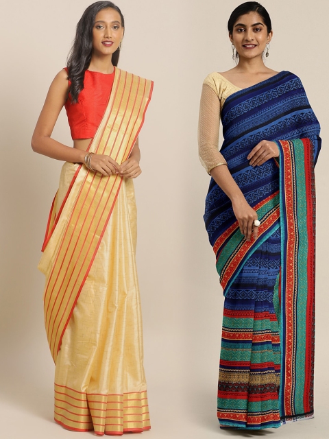 

KALINI Blue & Cream-Coloured Art Silk Set of 2 Mysore Silk Saree