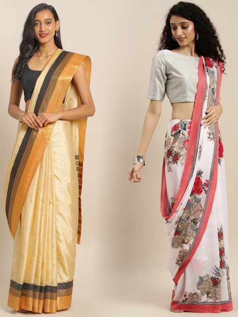 

KALINI Pack of 2 Peach-Coloured & Cream-Coloured Printed Mysore Silk Saree
