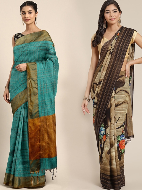 

KALINI Teal & Beige Art Silk Set of 2 Saree
