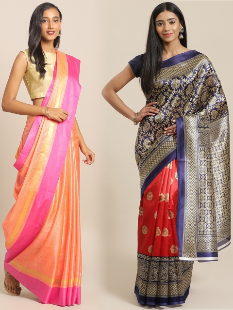 

KALINI Pack of 2 Orange & Pink Mysore Silk Sarees