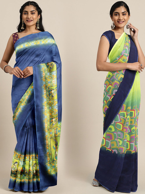 

KALINI Pack of 2 Fluorescent Green & Navy Blue Solid Khadi Silk Blend Saree
