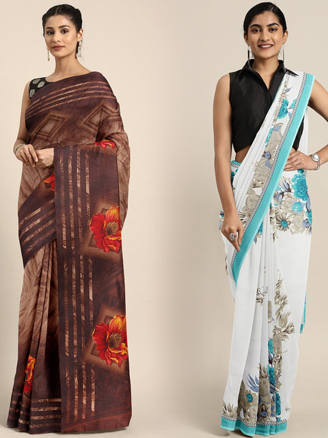 

KALINI Pack Of 2 Printed Sarees, Brown