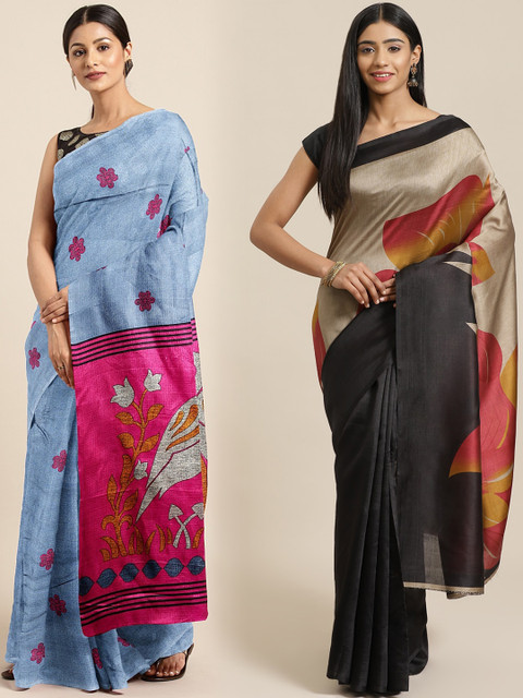 

KALINI Blue & Beige Silk Blend Set of 2 Khadi Saree