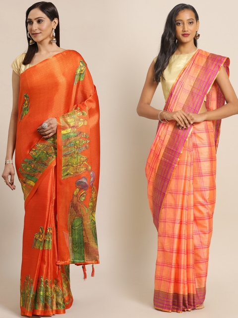 

KALINI Pack of 2 Orange Printed Art Silk Saree