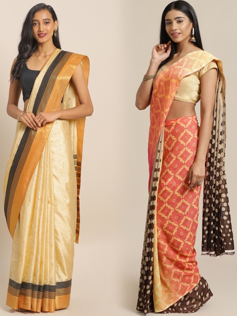 

KALINI Pack of 2 Cream-Coloured & Brown Mysore Silk Sarees