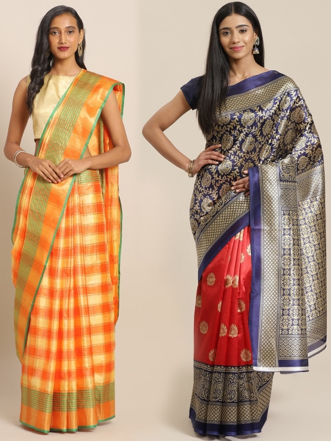 

KALINI Pack of 2 Red & Yellow Checked Mysore Silk Saree