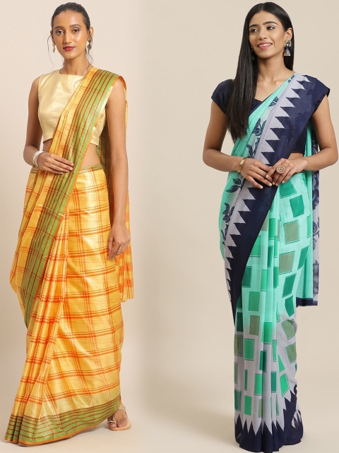 

KALINI Yellow & Sea Green Art Silk Set of 2 Mysore Silk Saree