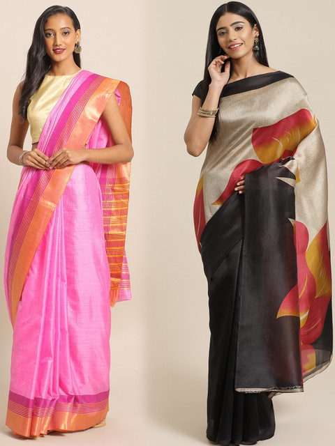 

KALINI Pack of 2 Pink & Black Mysore Silk Sarees