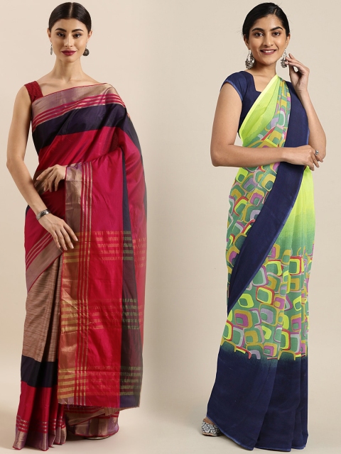 

KALINI Pack of 2 Fluorescent Green & Beige Printed Saree
