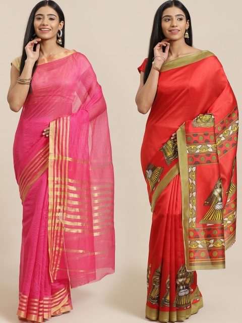 

KALINI Pack of 2 Pink & Red Solid Silk Cotton Saree