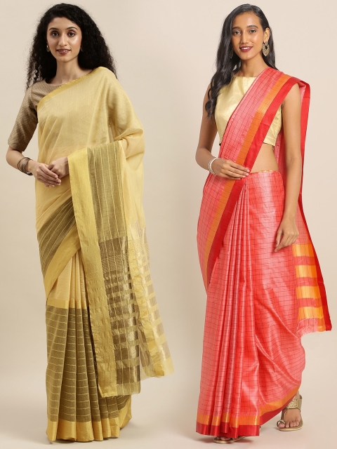 

KALINI Pack of 2 Mustard & Pink Woven Design Saree