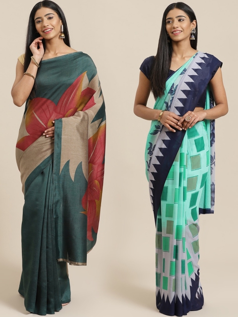 

KALINI Pack of 2 Teal Blue & Grey Mysore Silk Sarees