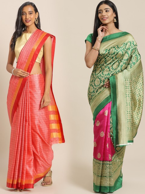 

KALINI Pack of 2 Green & Pink Checked Art Silk Saree