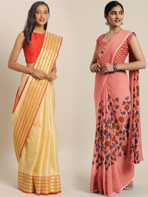 

KALINI Cream-Coloured & Coral Art Silk Set of 2 Mysore Silk Saree