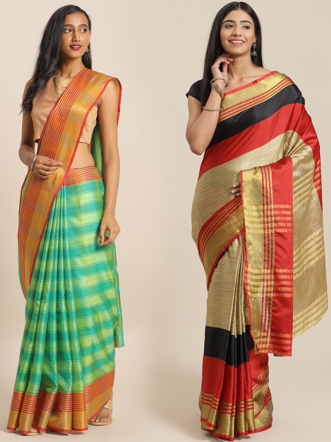 

KALINI Pack of 2 Beige & Green Striped Art Silk Saree