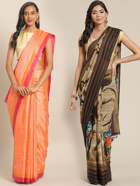 

KALINI Pack of 2 Brown & Orange Checked Art Silk Saree