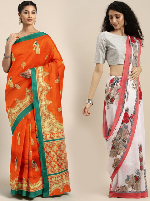 

KALINI Pack of 2 Orange & White Printed Art Silk & Pure Georgette Saree