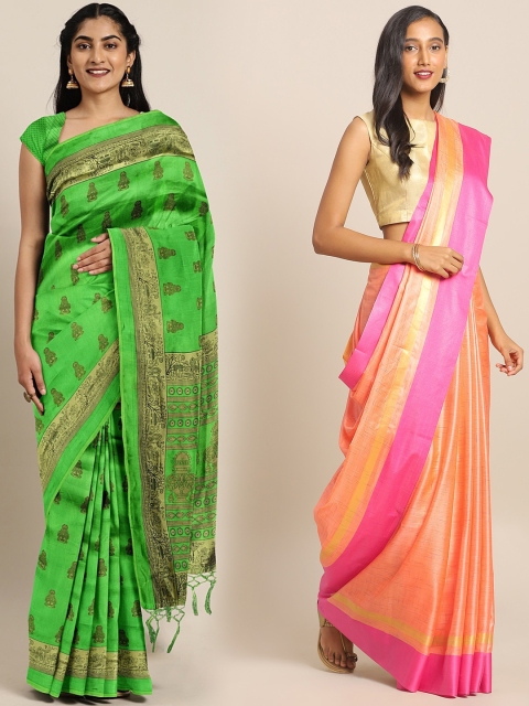 

KALINI Pack of 2 Green & Pink Khadi Silk Blend Sarees