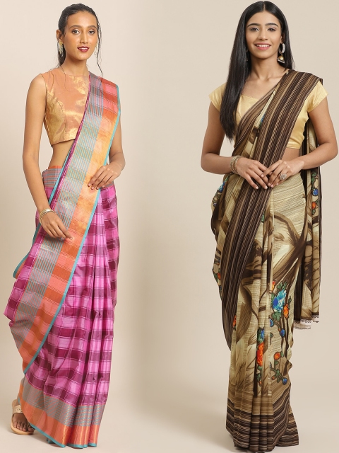 

KALINI Pack of 2 Pink & Brown Printed Art Silk & Poly Georgette Saree