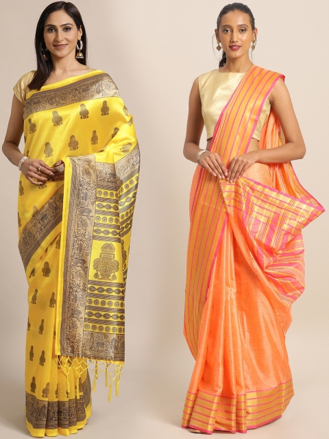 

KALINI Pack of 2 Orange & Yellow Printed Art Silk Saree