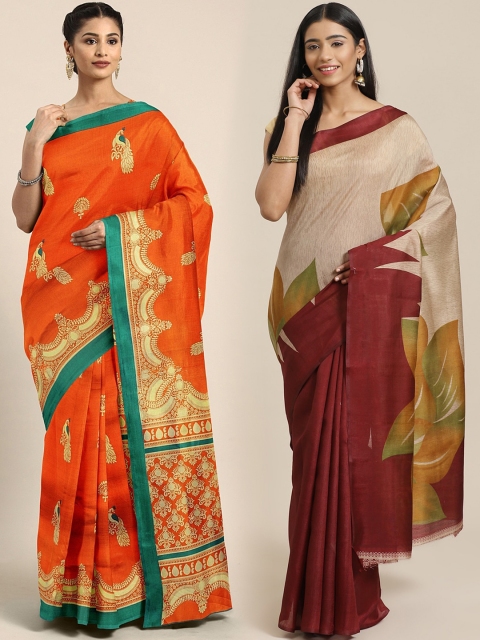 

KALINI Pack of 2 Maroon & Orange Printed Art Silk Printed Saree