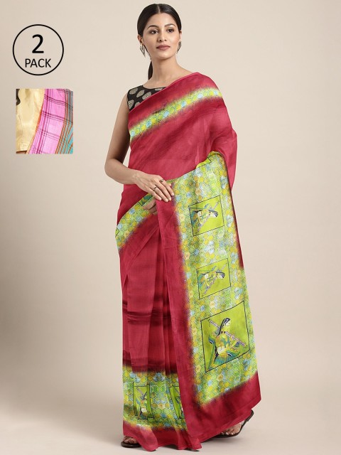 

KALINI Pack of 2 Red & Pink Khadi Silk Blend Sarees