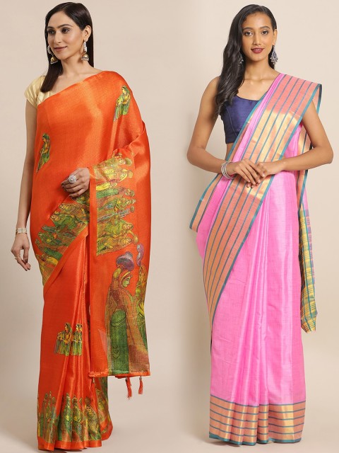 

KALINI Orange & Pink Art Silk Set of 2 Saree