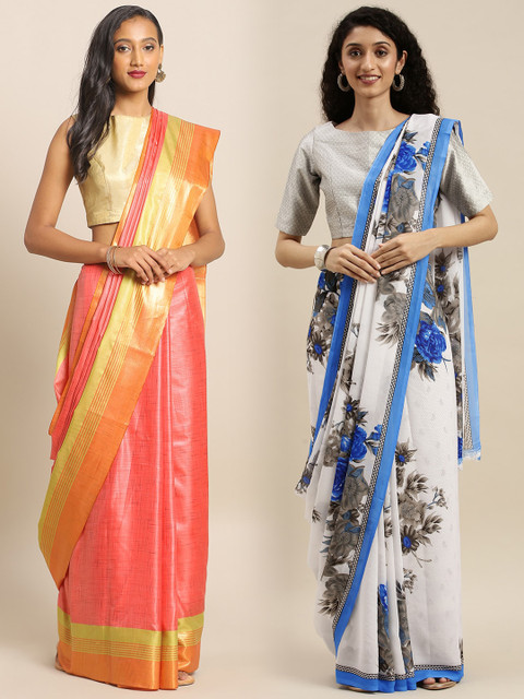 

KALINI Coral & White Art Silk Set of 2 Mysore Silk Saree