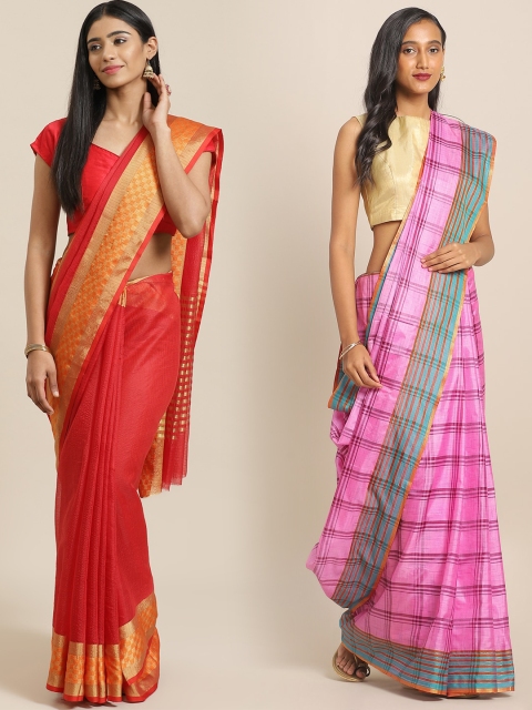 

KALINI Pack of 2 Pink & Red Checked Saree