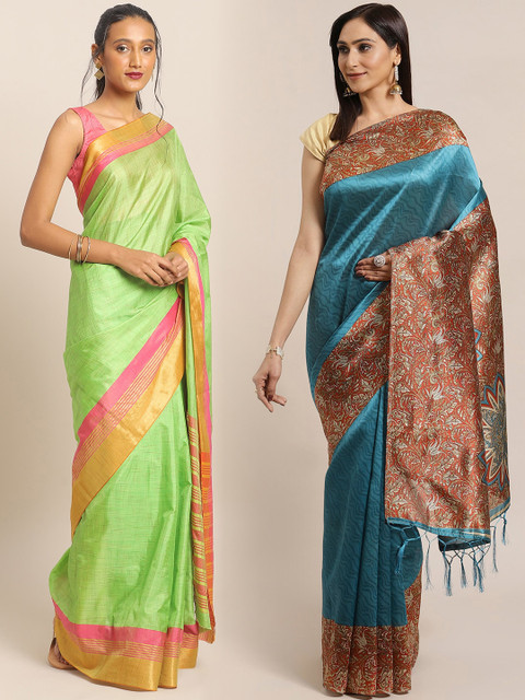 

KALINI Pack of 2 Teal Blue & Green Art Silk Sarees