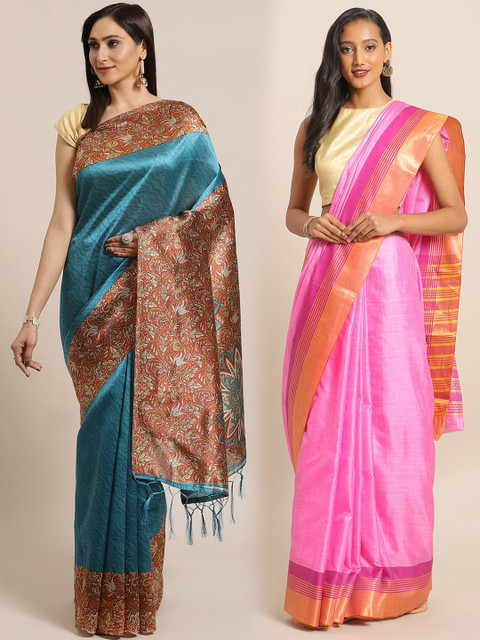 

KALINI Pack of 2 Pink & Teal Printed Art Silk Saree