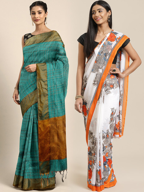 

KALINI Pack Of 2 Printed Sarees, Teal