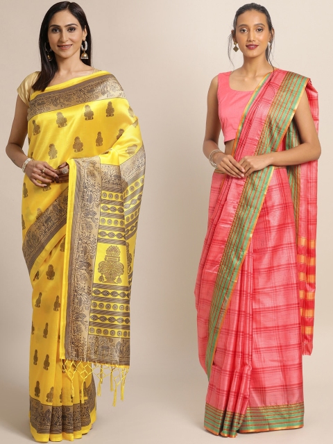

KALINI Yellow & Coral Art Silk Set of 2 Saree